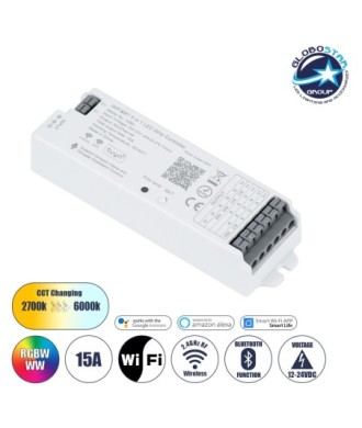 GLOBOSTAR® TUYA-WB5 73008 DC WiFi & Bluetooth Master Dimmer - Controller Υψηλής Ταχύτητας με 5 x 6A 72W Κανάλια DC 12-24V 15A 360W Max IP20 - WiFi & Bluetooth - Μ12.2 x Π3.8 x Υ2.2cm - 5 Χρόνια Εγγύηση